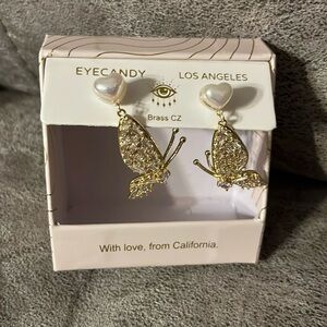 NIP EyeCandy Los Angeles Brass & CZ Butterfly Earrings with Pearl Hearts
